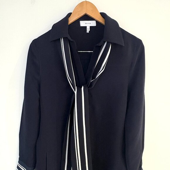 REISS Feya Navy Blue Stripe Detail Mini Dress Long Sleeve Pockets UK 6 US 2 - Picture 8 of 14